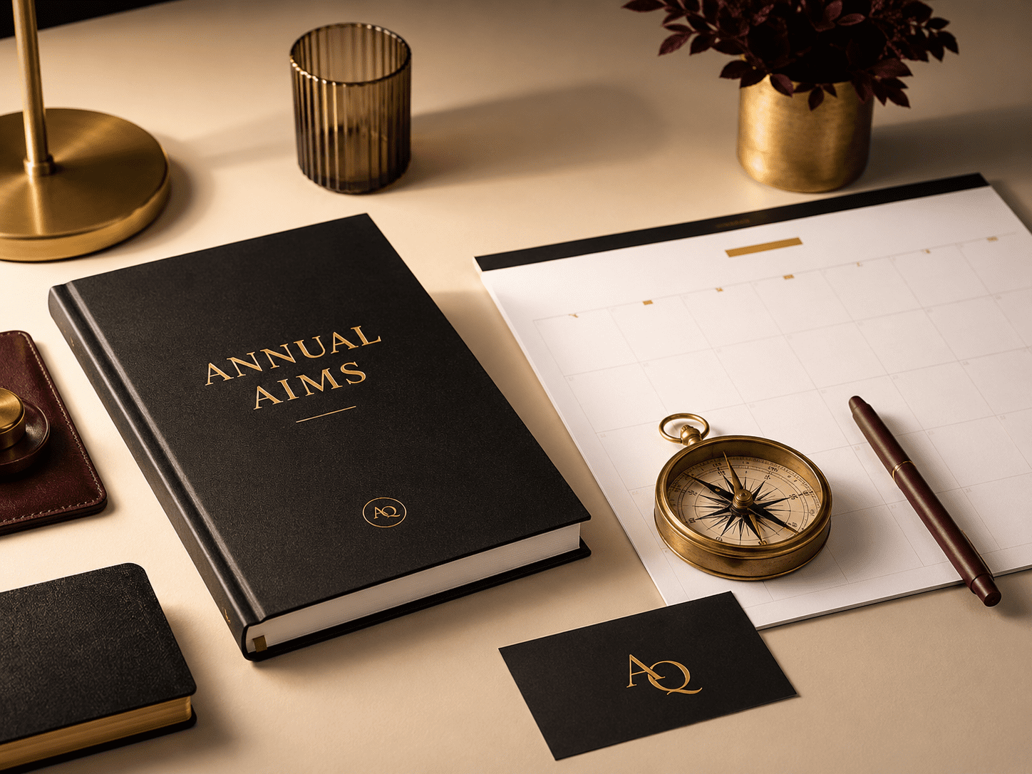 Premium wide desk scene. A closed Annual Aims workbook beside a blank annual map, compass, marked calendar, burgundy proof marker, and black...