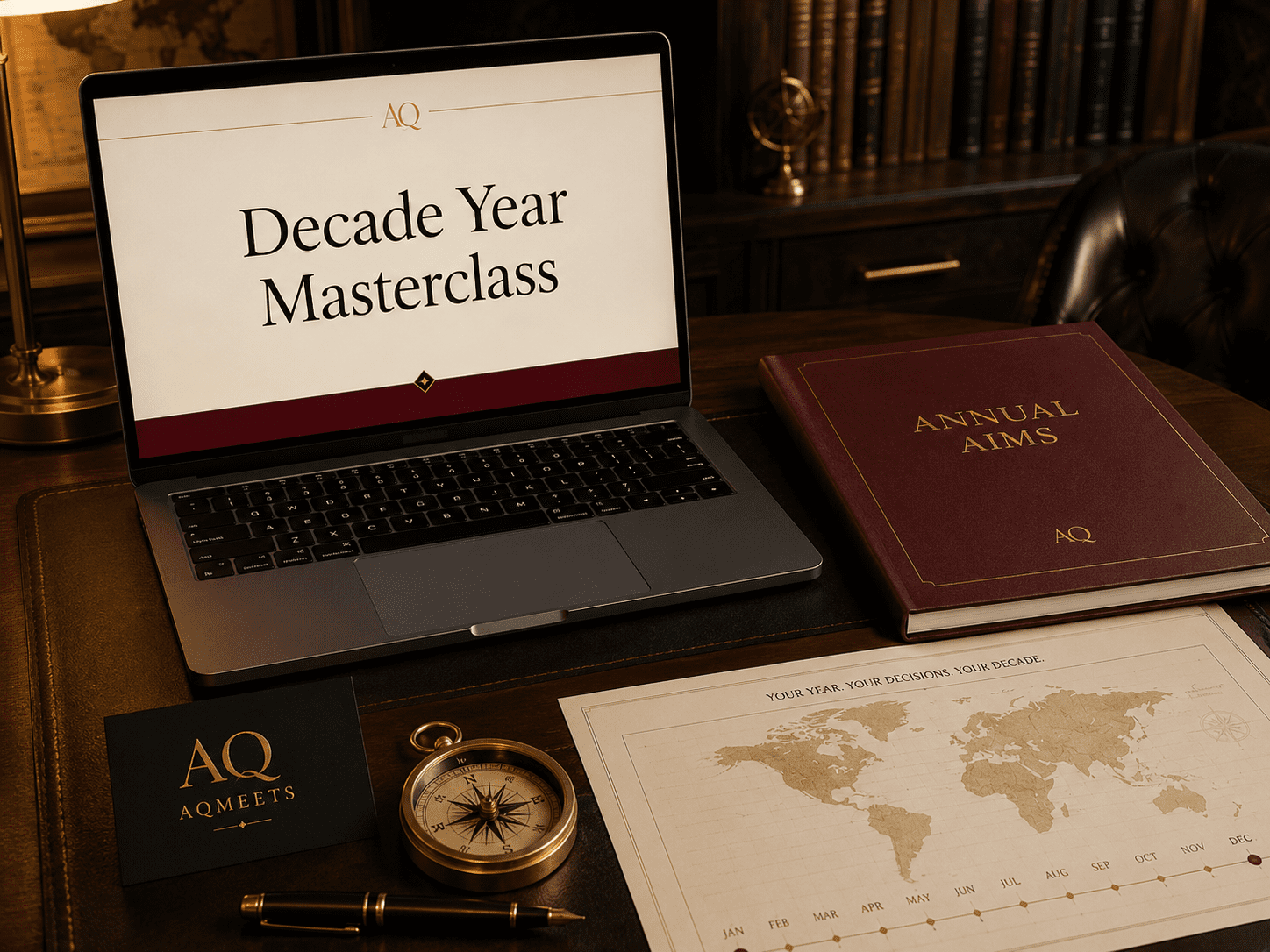 Masterclass scene with laptop showing “Decade Year Masterclass,” closed Annual Aims workbook beside it, compass, annual calendar, and black...