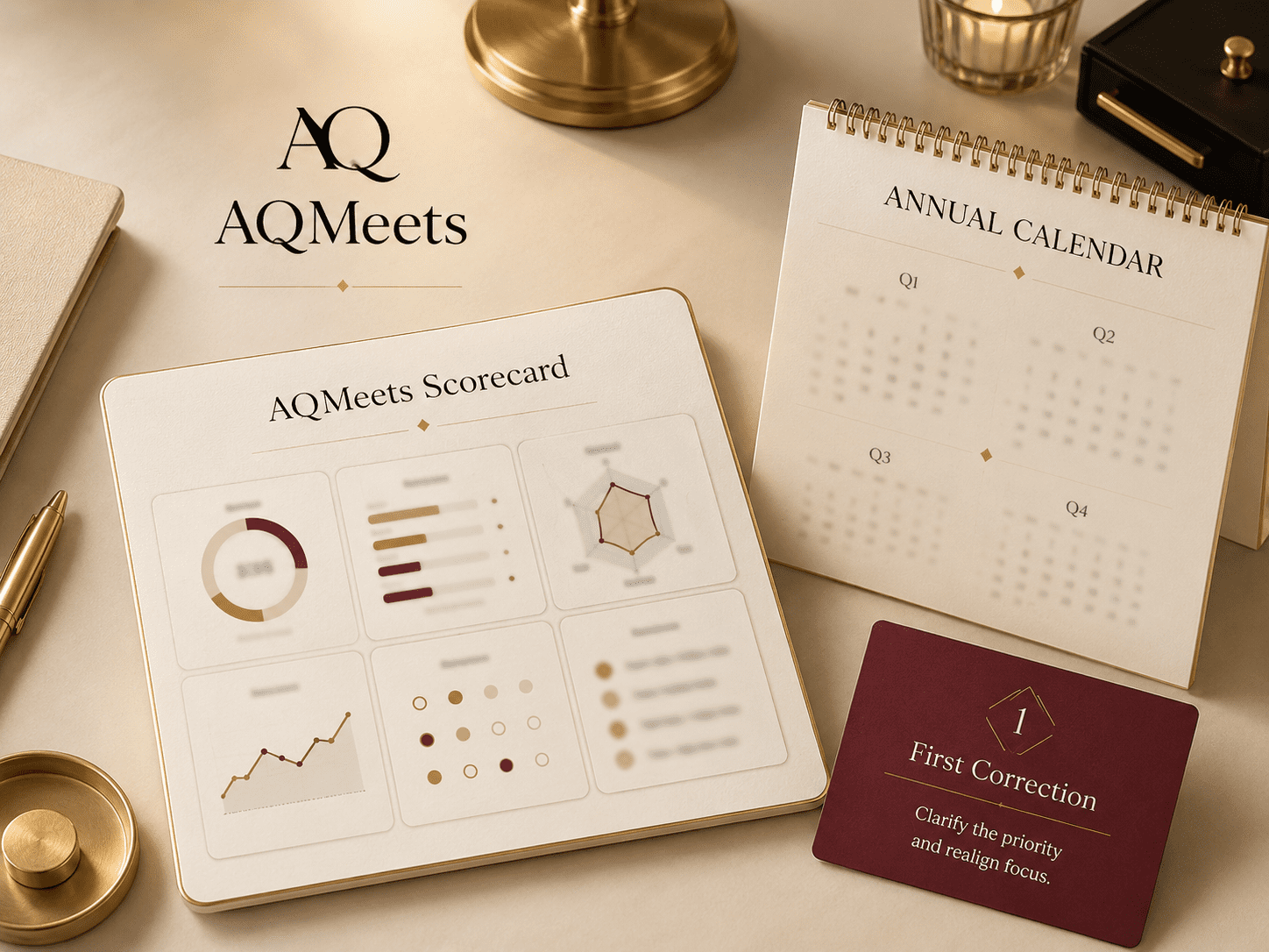 Scorecard mockup beside an annual calendar. Show scorecard-style cards and a first correction marker, with detailed labels hidden or blurred. The...