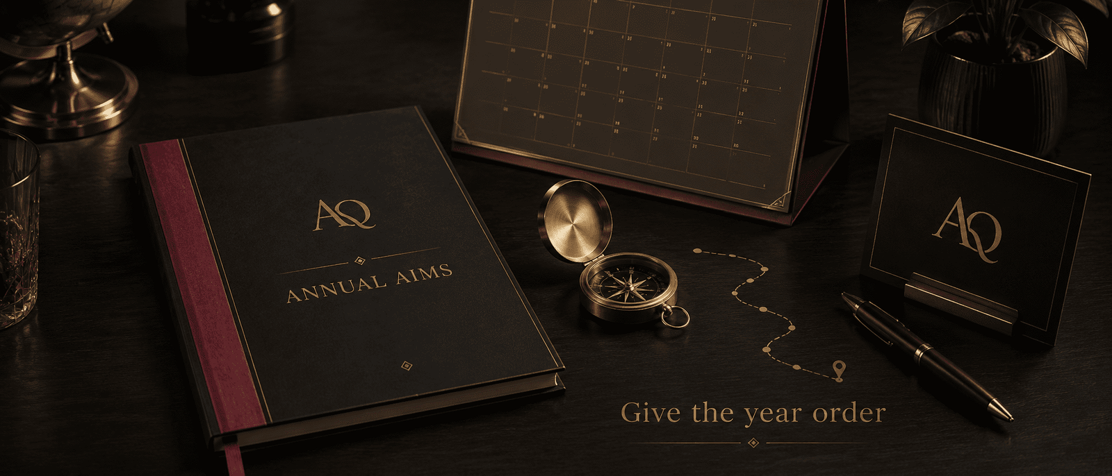 Dark premium final panel. Closed Annual Aims workbook, annual calendar, compass, gold line, burgundy proof marker, and AQMeets monogram. Include...