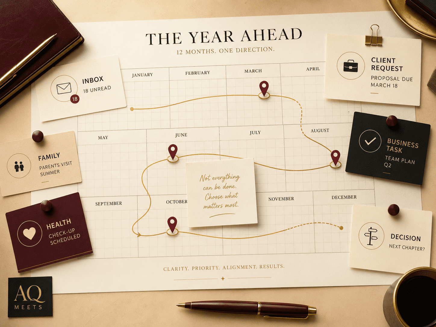 Annual calendar beginning to fill itself: inbox cards, client requests, family notes, health reminders, business tasks, and unfinished decisions...