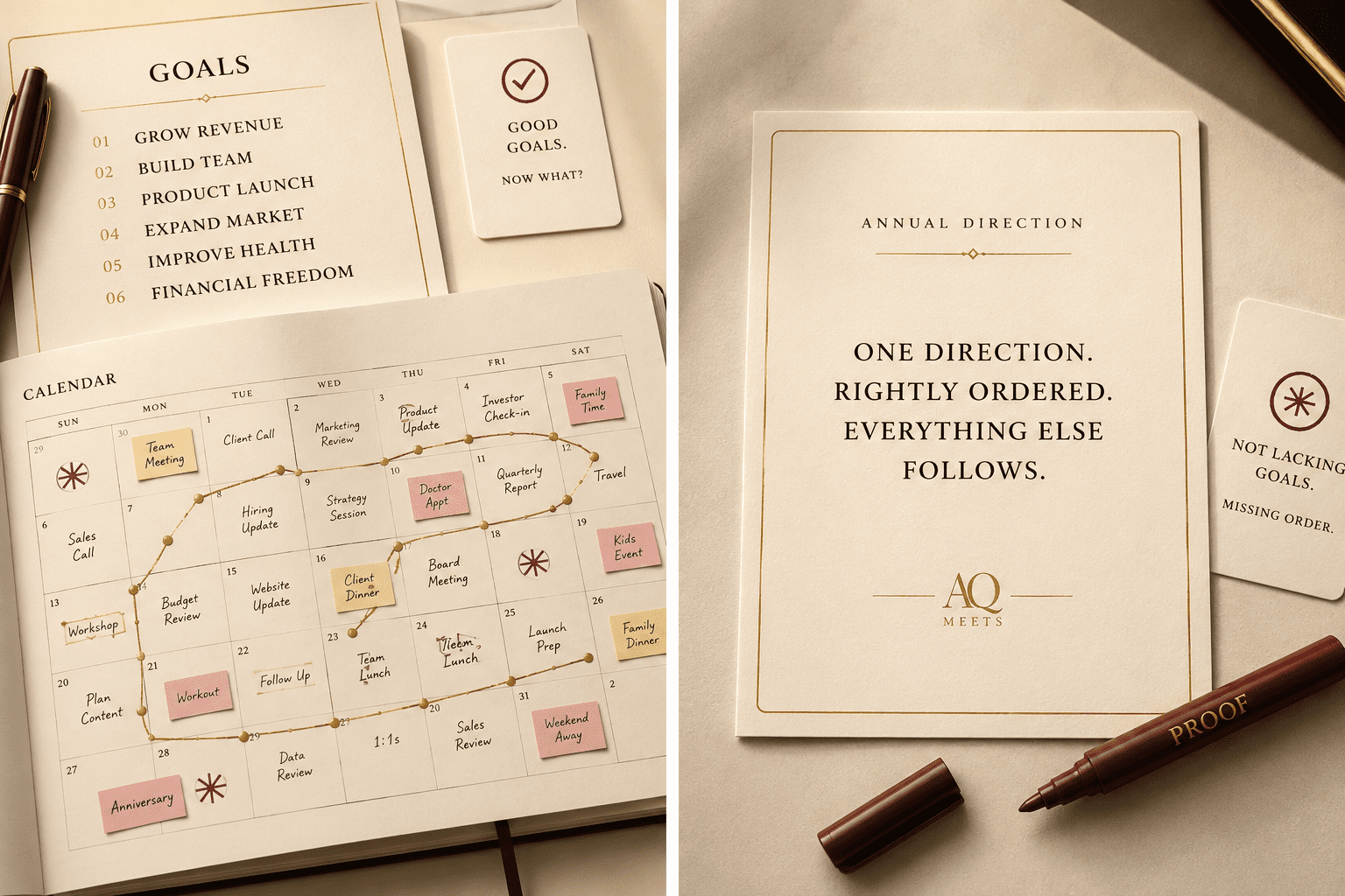 Split visual. Left side shows a polished goal list and a crowded calendar. Right side shows one serious annual direction card still untouched. Use...