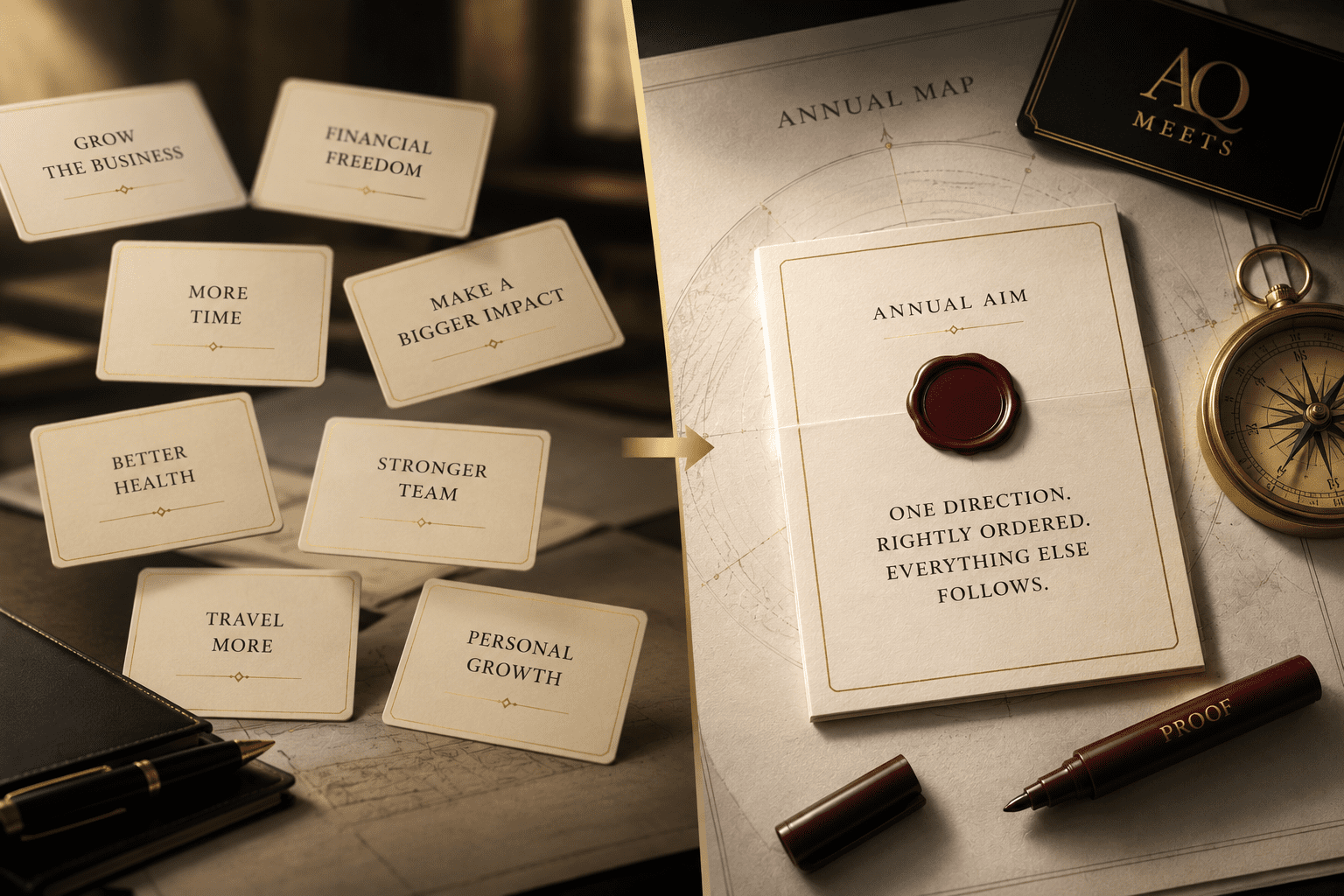 Elegant contrast image. Left side: vague annual goal cards floating above a desk. Right side: one heavier sealed annual aim card placed on an...