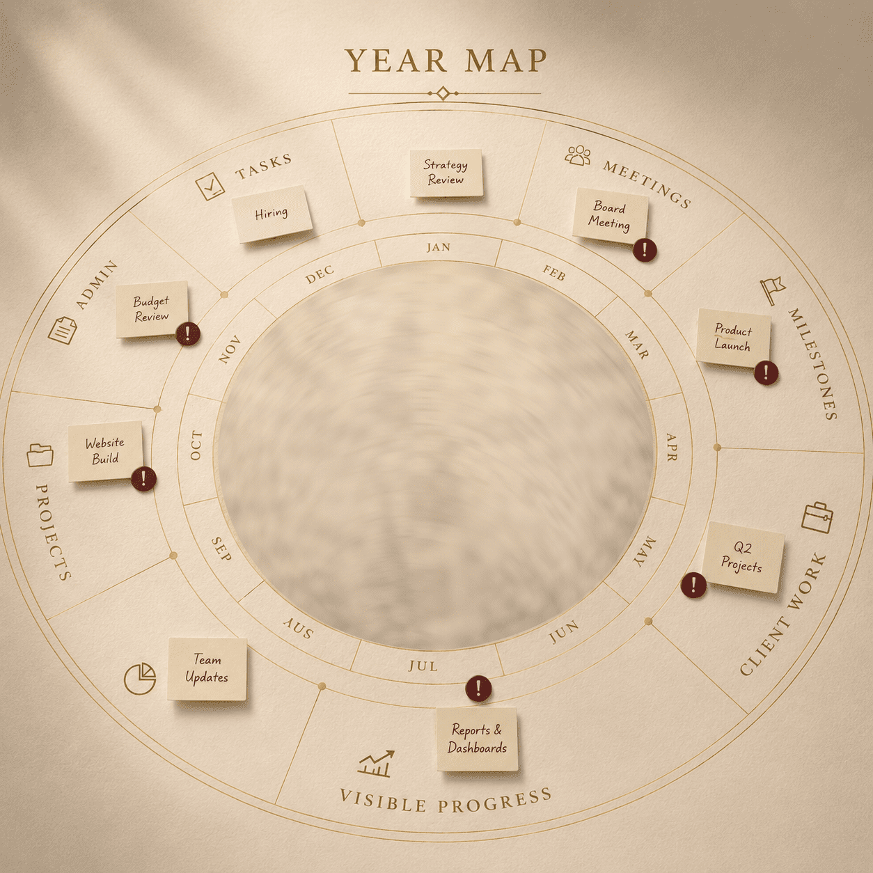 Year-map visual. The outer ring shows tasks, meetings, milestones, client work, and visible progress. The centre is blurred or empty, suggesting...