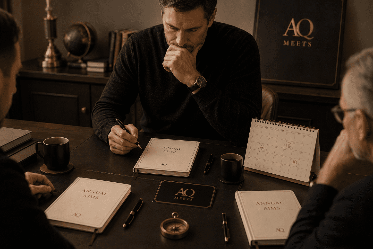 Restrained workshop atmosphere. A single serious builder or small group seated at a premium table with closed workbooks, pens, calendar, compass,...