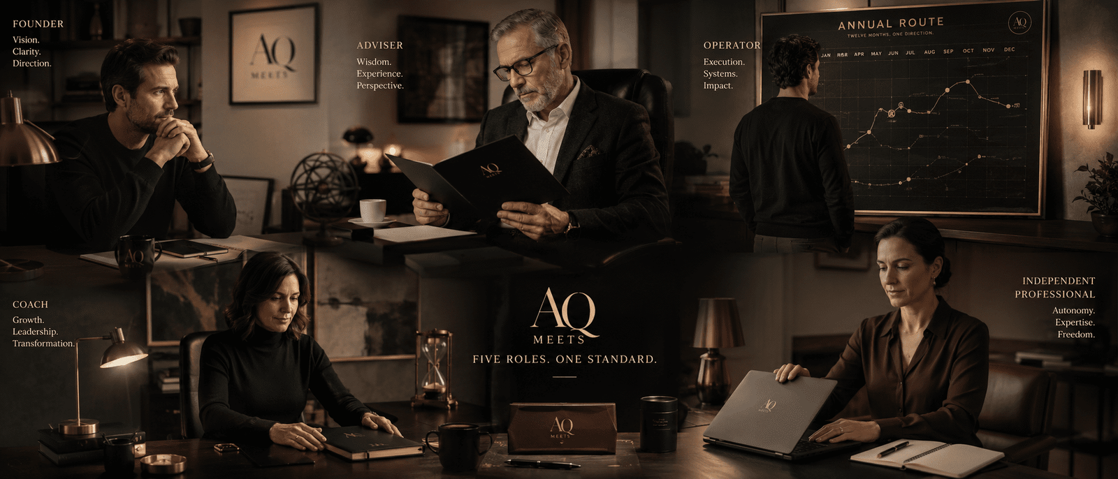 Role-based collage: founder at desk, adviser reviewing annual notes, coach preparing for the year, operator looking at an annual map, independent...