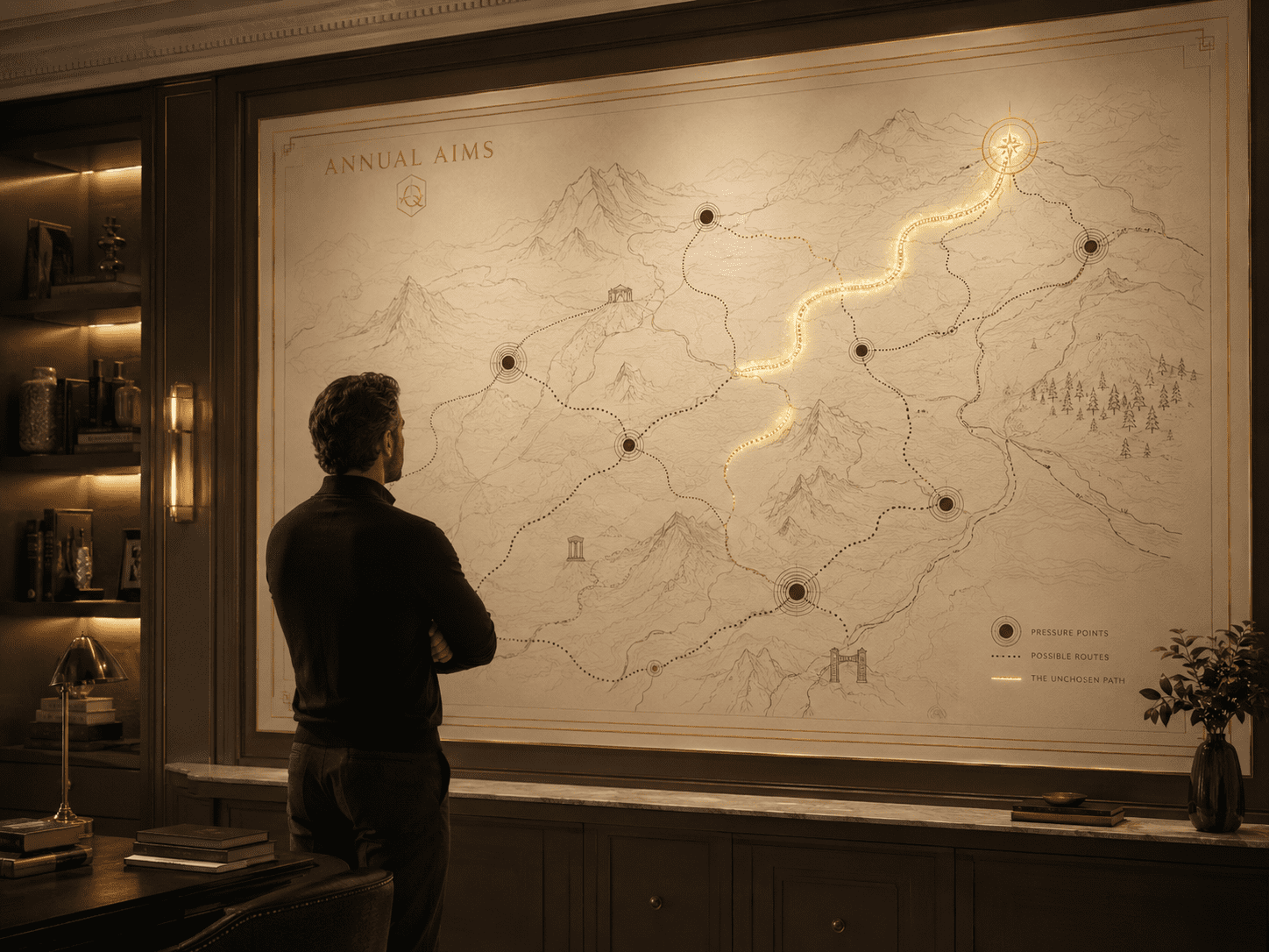 A builder standing before a large annual wall map with several unchosen routes. One route is faintly illuminated in gold but not yet selected....