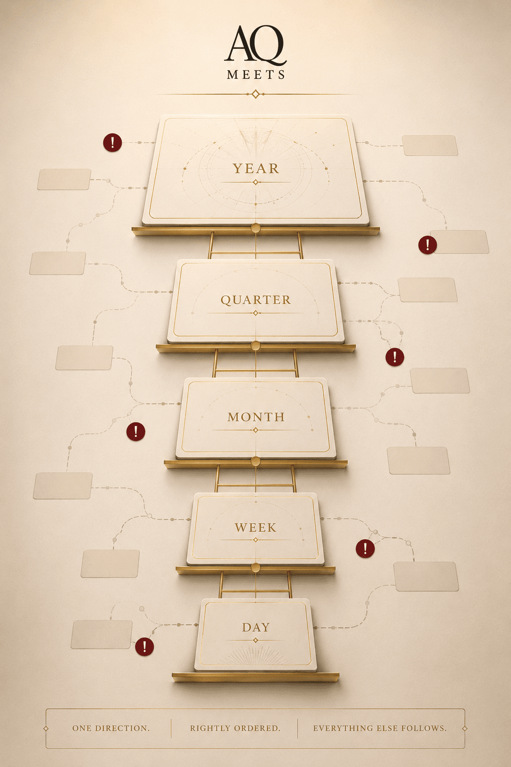 AQMeets ladder image: Year at top, then Quarter, Month, Week, Day descending beneath it. Use abstract cards and route lines only. Do not show...
