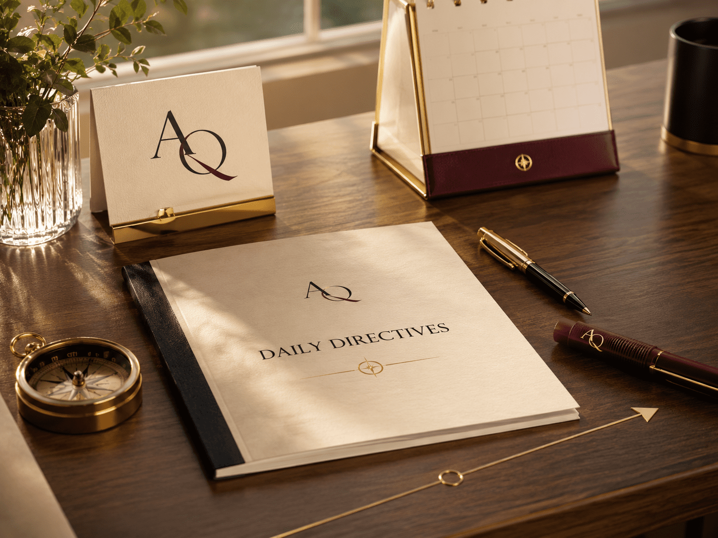 Daily Directives morning desk scene with worksheet, calendar, compass, proof marker, and AQMeets monogram