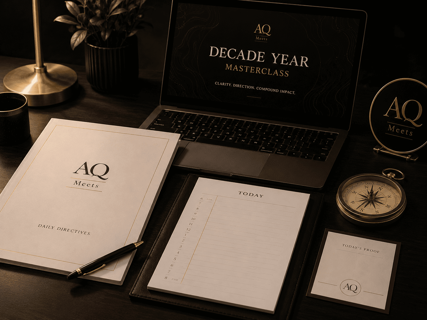 Decade Year Masterclass scene with closed Daily Directives worksheet, calendar, compass, and AQMeets monogram