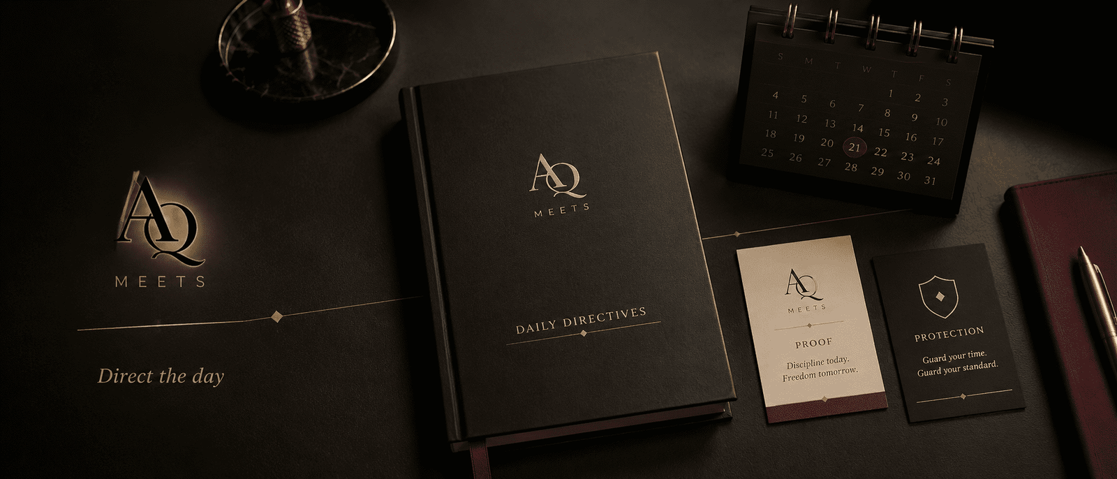 Final Daily Directives panel with closed worksheet, calendar, proof card, protection note, and AQMeets monogram