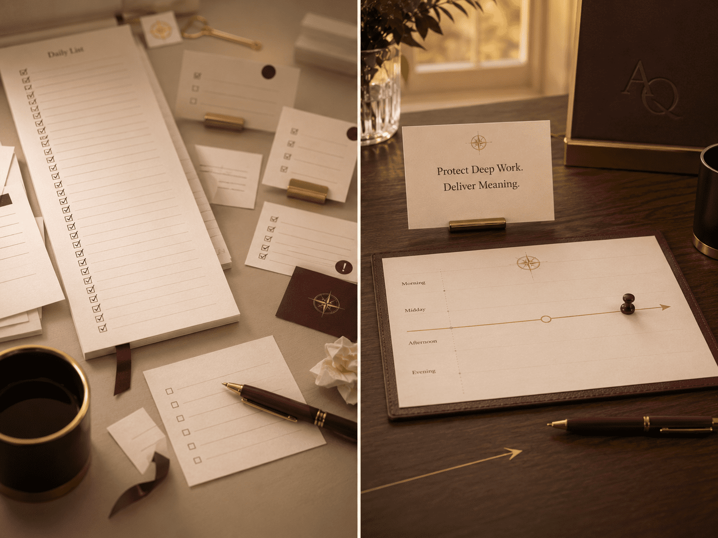 Split visual comparing a busy daily task list with a clear daily directive and protected work block