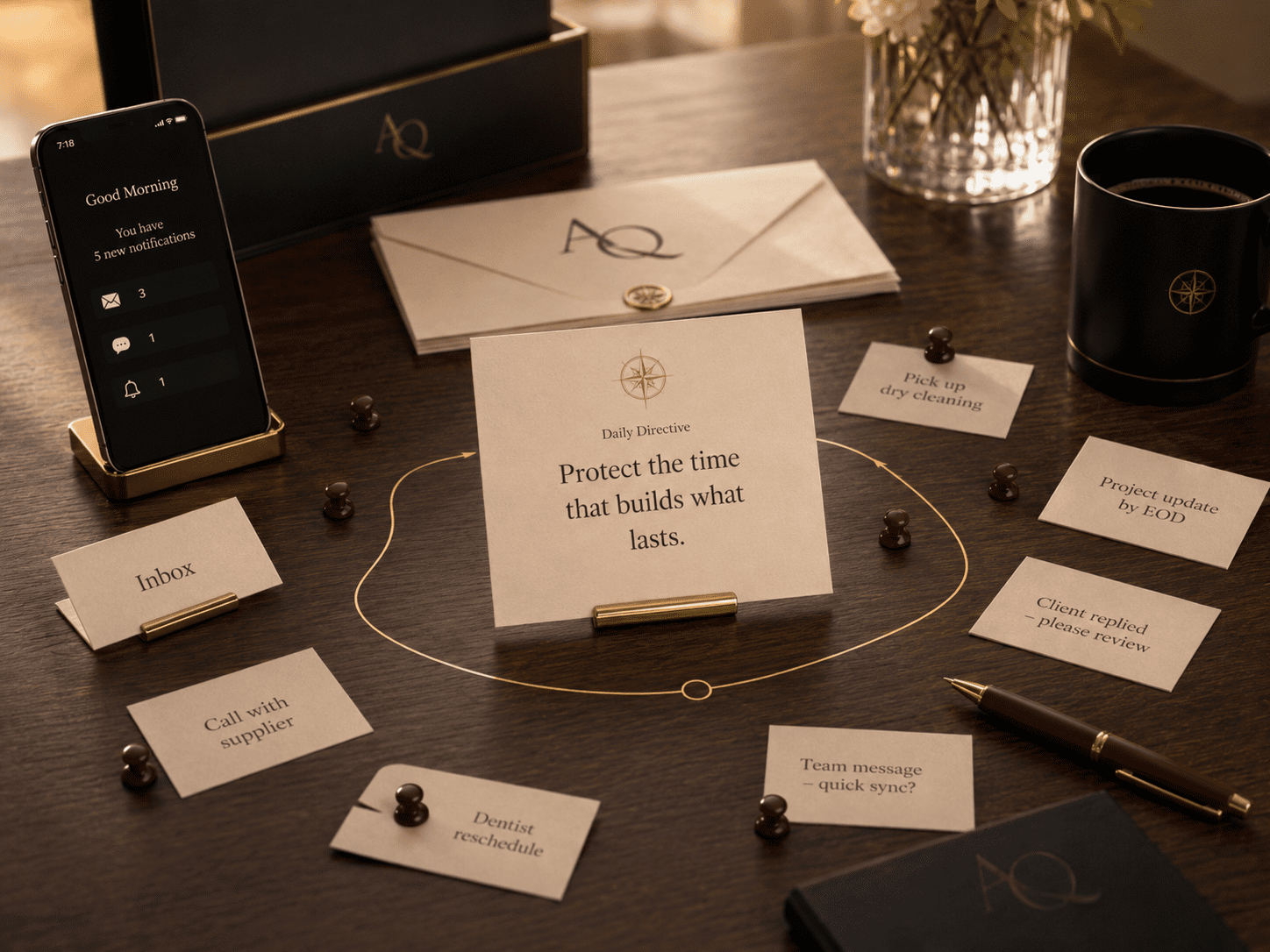 Attention pulled by phone, inbox, and scattered task cards away from a central Daily Directive card