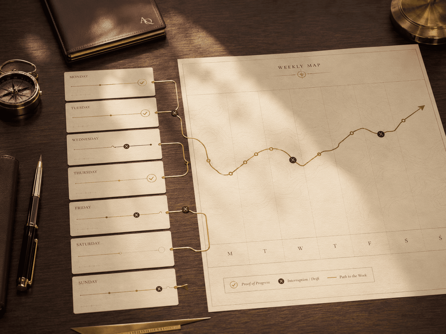 Day-to-week visual with daily cards feeding into a weekly map and proof markers