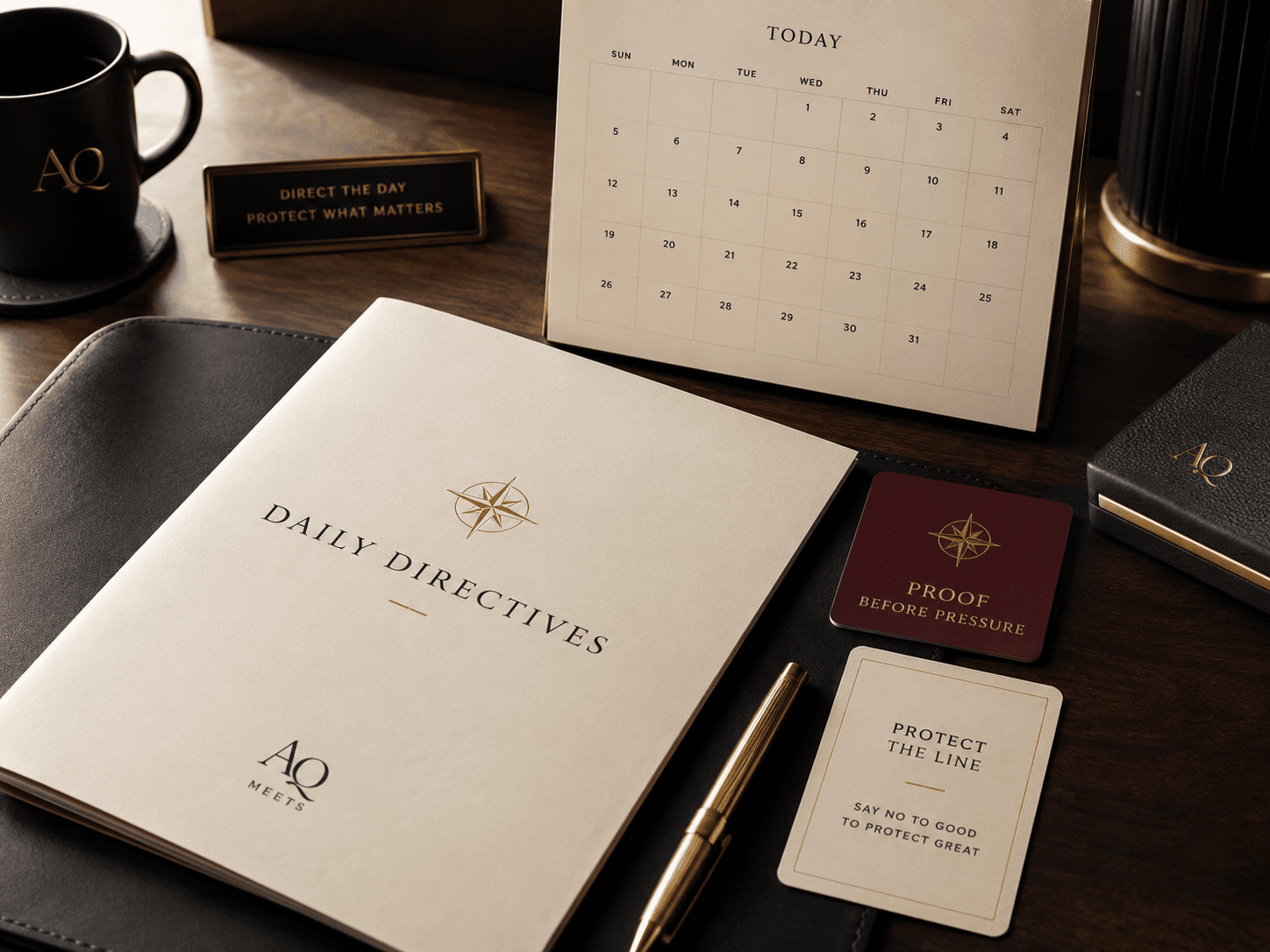 Closed Daily Directives worksheet, daily calendar, pen, proof card, protection note, and AQMeets monogram