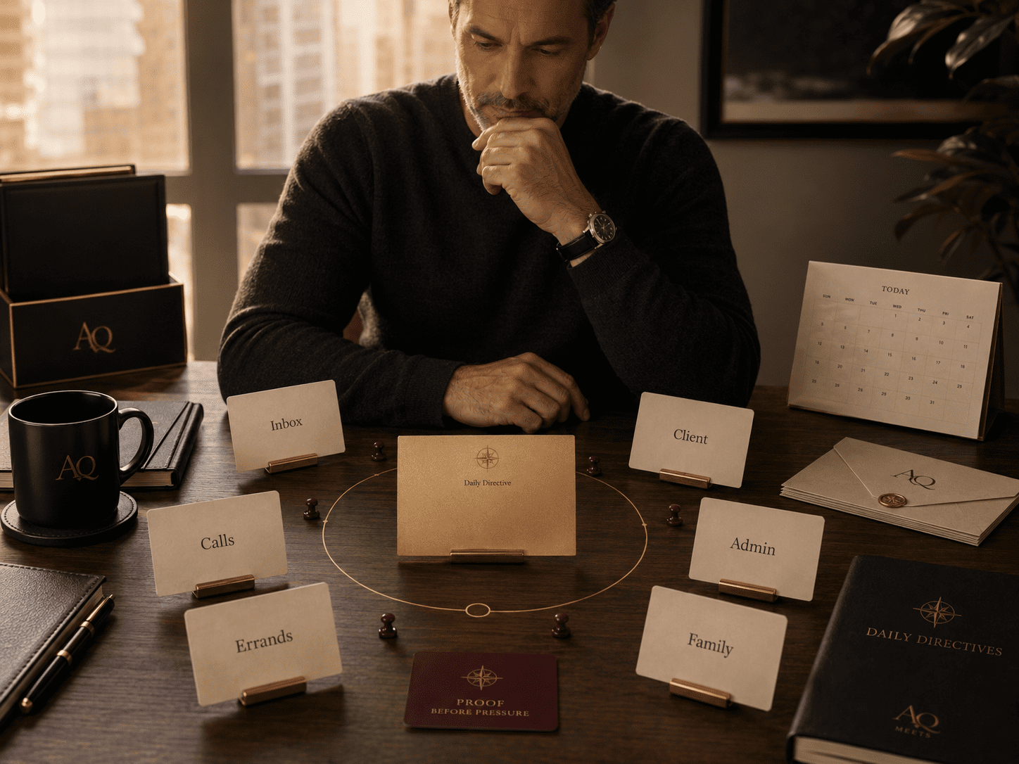 Person at desk before the workday with competing demands and a central daily directive card