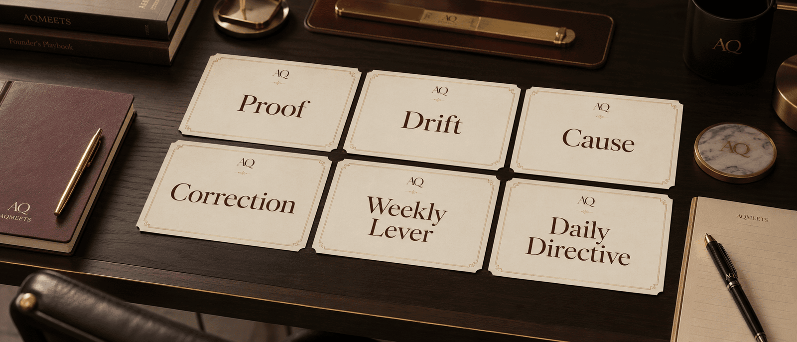 Six Weekly Wrap evidence cards on a founder workspace