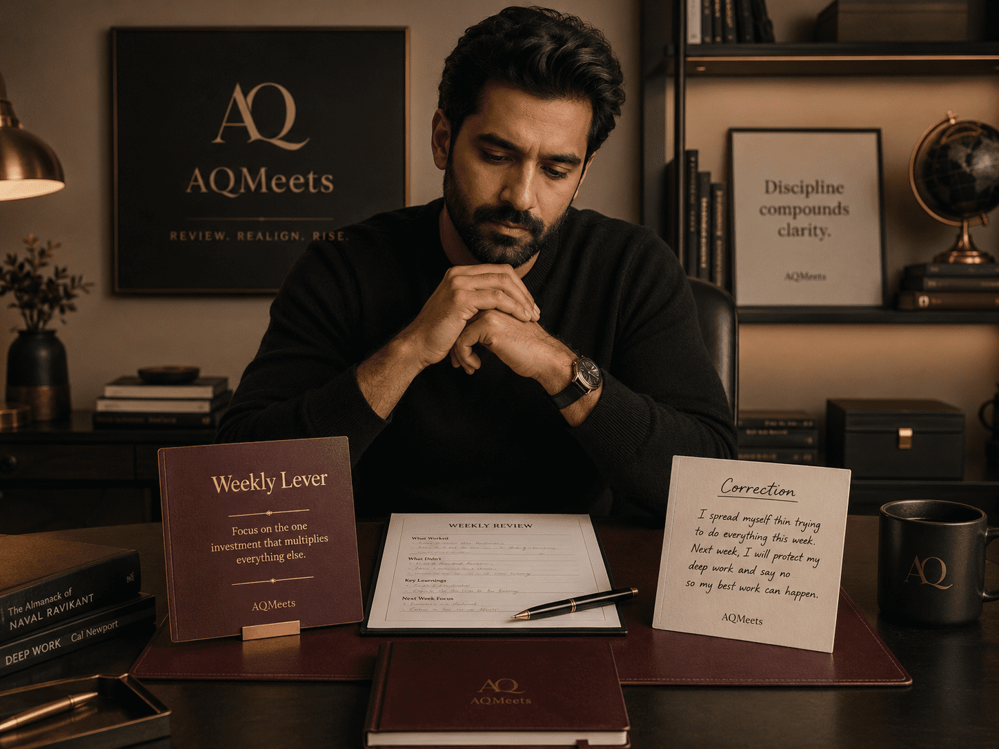 Serious entrepreneur after review with weekly lever and correction note