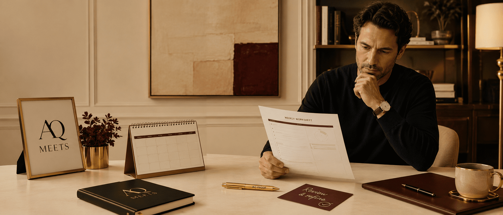 AQMeets homepage hero image showing a founder reviewing the week