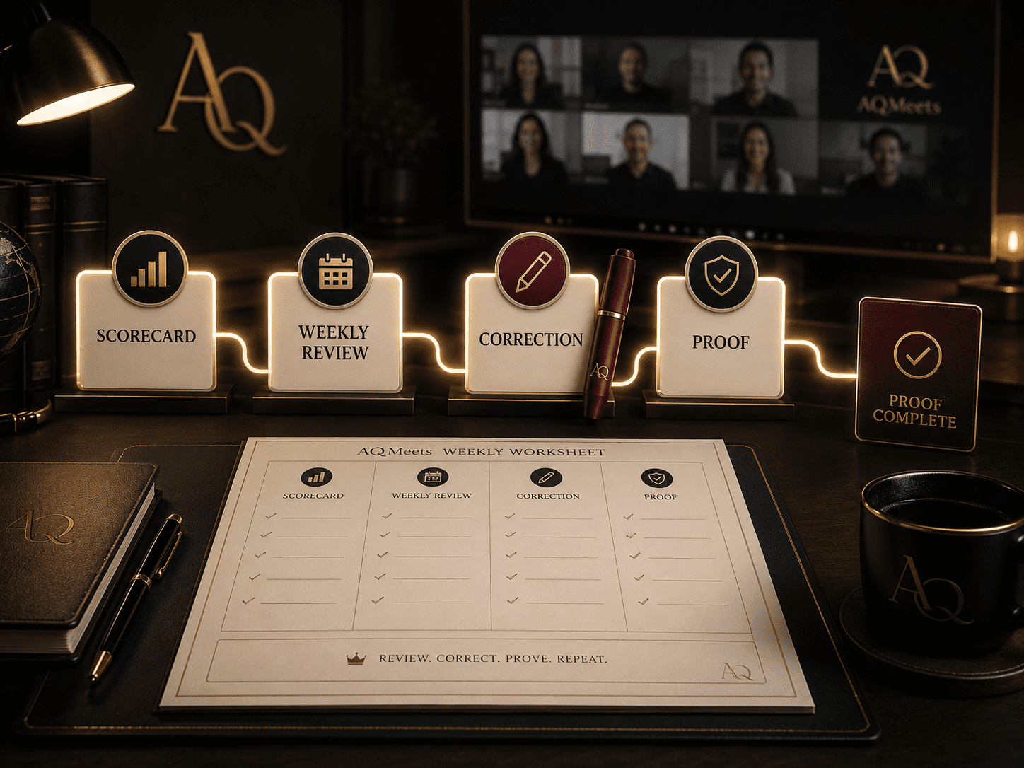 AQMeets final call to action image with scorecard weekly review correction and proof