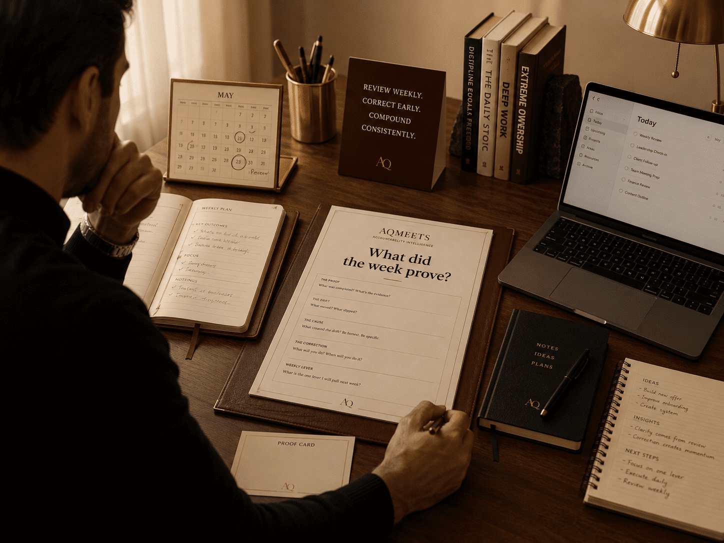 Founder evaluating planner, task app, notebook, calendar, and AQMeets proof worksheet