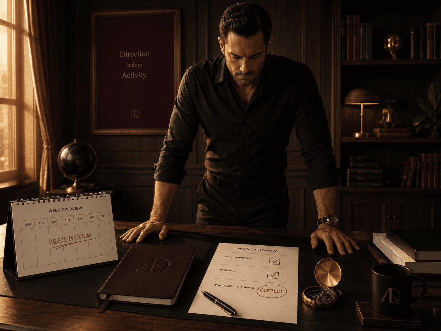 A serious founder or operator standing over a desk with a calendar, notebook, compass, and marked review sheet. Warm gold light. Burgundy accents. The image should suggest that the week needs direction before it needs mo