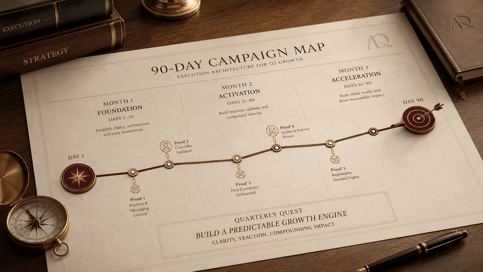 A 90-day campaign map with three months visible, one highlighted quest, and small proof markers along the path.