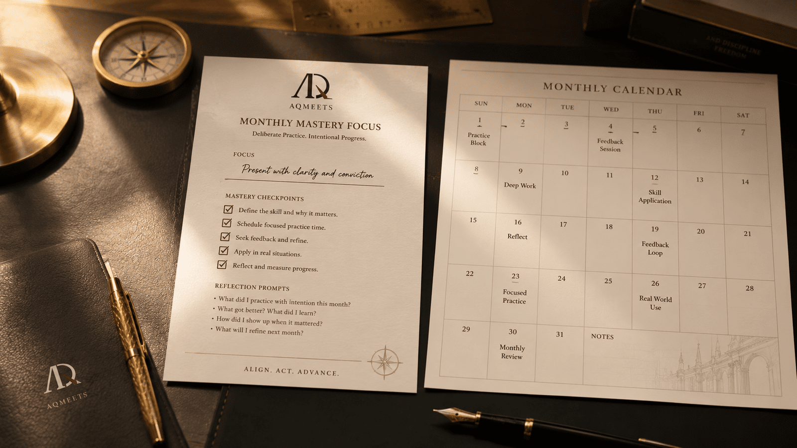 A habit or mastery card beside a monthly calendar. The image should suggest deliberate practice rather than casual self-help.