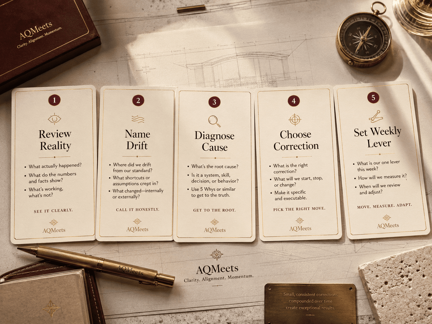 A sequence of five cards: Review Reality, Name Drift, Diagnose Cause, Choose Correction, Set Weekly Lever. Use a warm paper-card style.