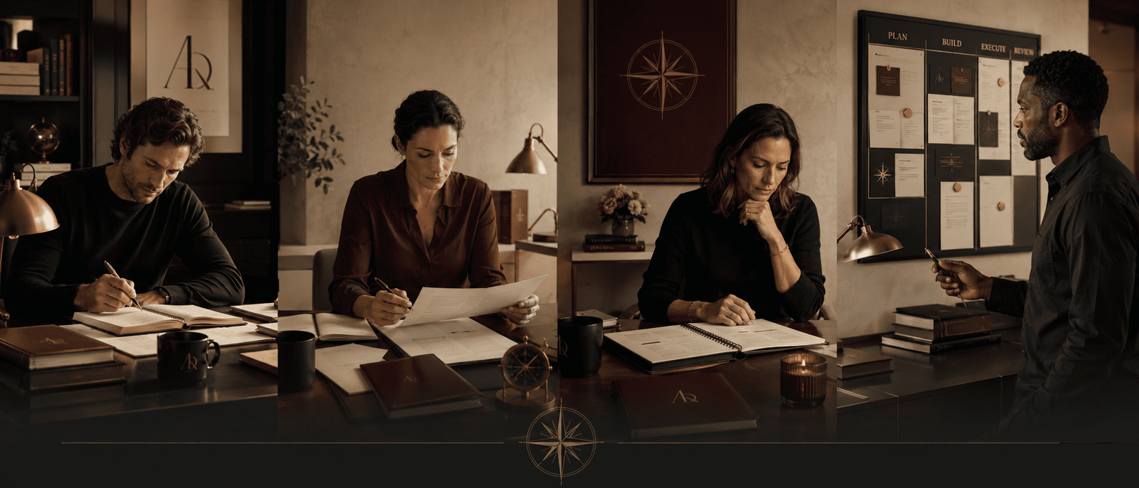 A restrained role-based collage: founder at desk, consultant reviewing notes, coach preparing session, operator with workflow board. Keep it premium and sober.