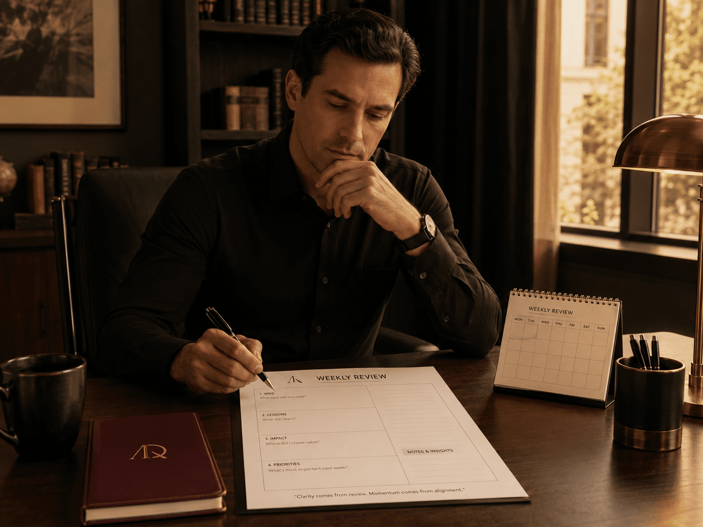 Serious professional reviewing a week with calm focus. Use warm gold light, physical worksheet, and subtle AQMeets branding.