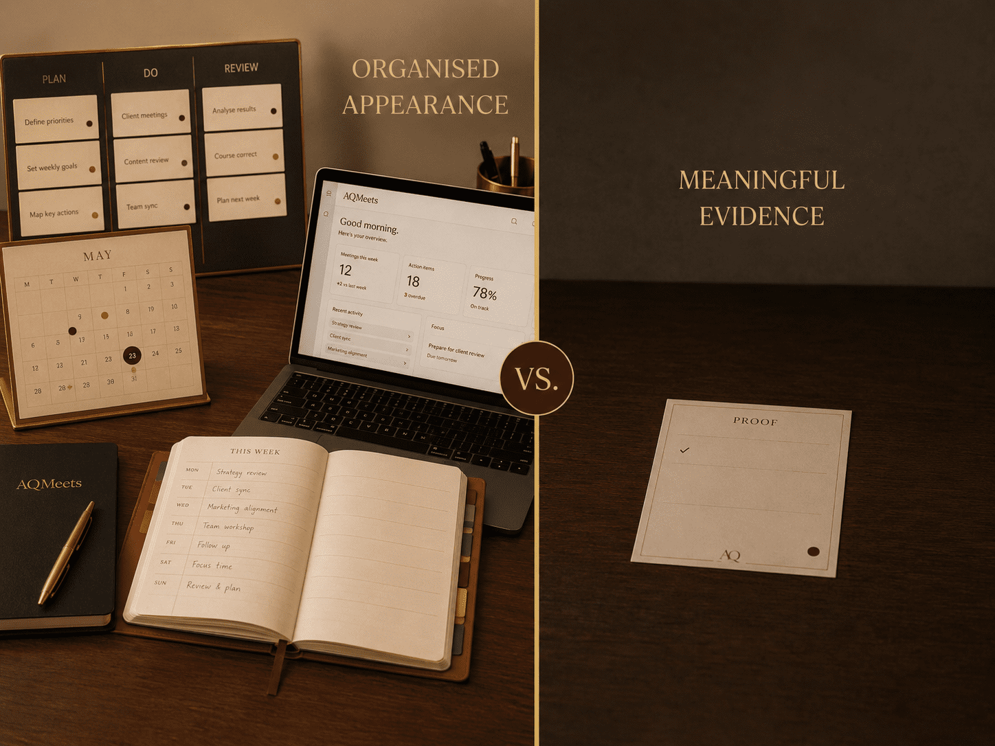 Organised planner and task board contrasted with a thin proof card