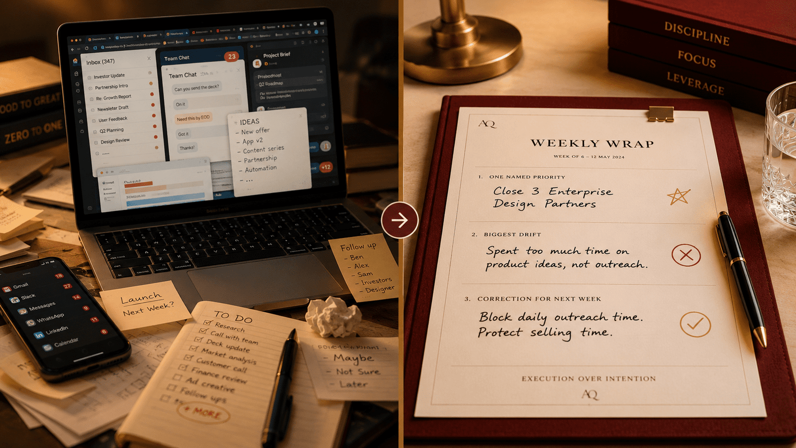 Split visual. Left side: busy laptop, inbox, messages, tabs, half-finished notes. Right side: a clear Weekly Wrap page with one named priority, one drift, and one correction. Warm cream and gold tones with burgundy highl