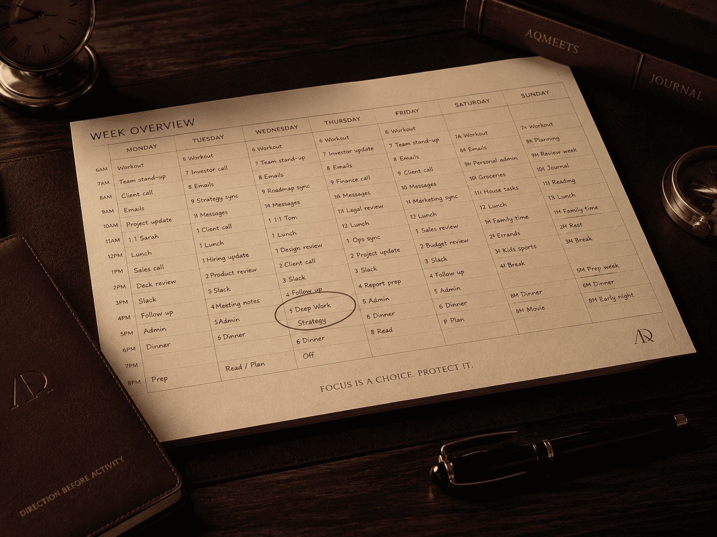 A week-view calendar where the important priority is faintly marked but crowded out by meetings, messages, and minor tasks. Place a burgundy circle around the neglected priority.