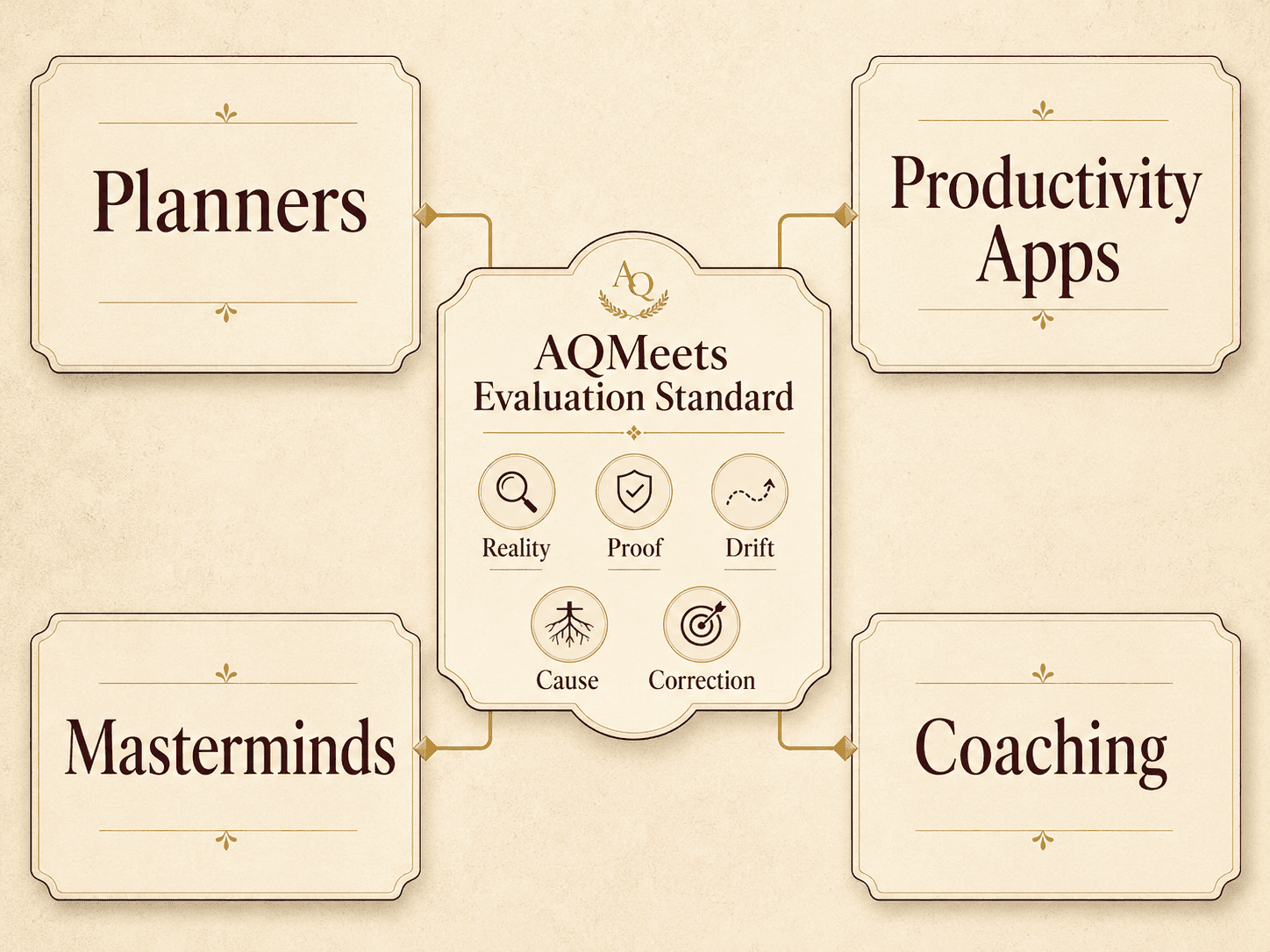 AQMeets comparison hub showing planners, productivity apps, masterminds, and coaching