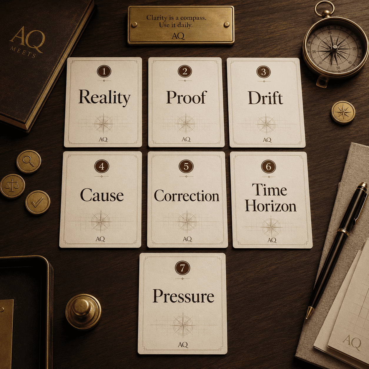 Seven execution system evaluation cards arranged on a desk