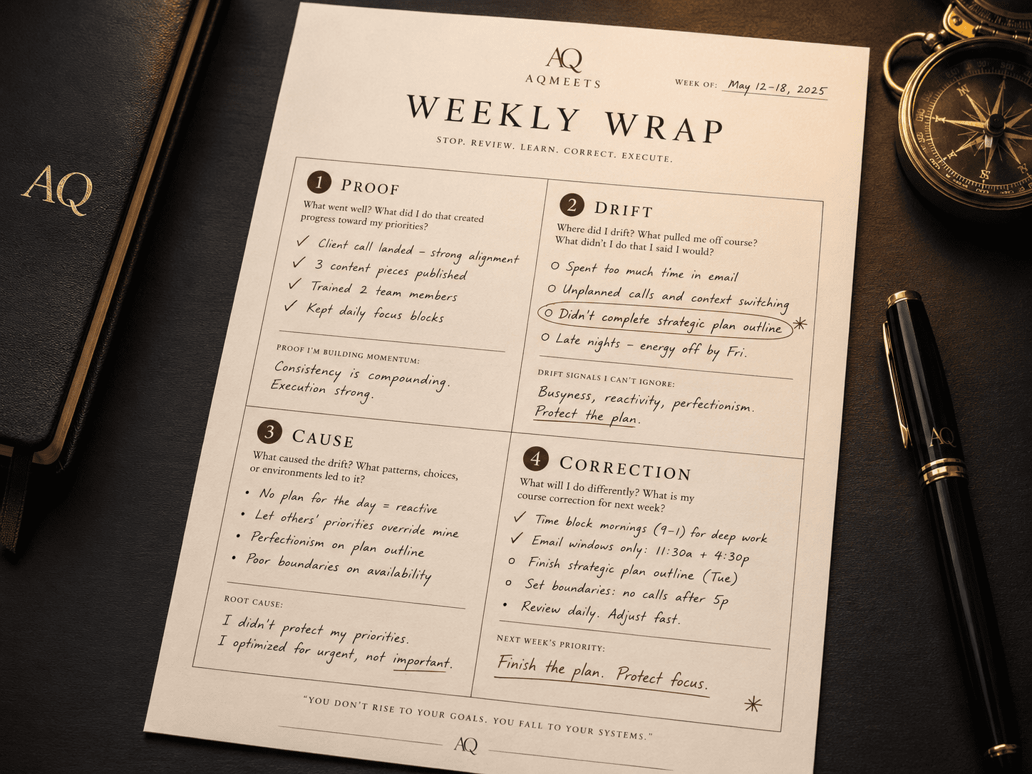 Close-up of a Weekly Wrap sheet with sections marked Proof, Drift, Cause, and Correction. It should look tangible, serious, and usable.