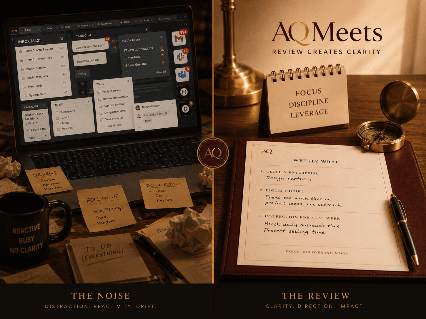 Contrast between a noisy digital environment and a protected review space. One side: notifications and app icons. Other side: calm desk, paper review form, calendar, and compass.