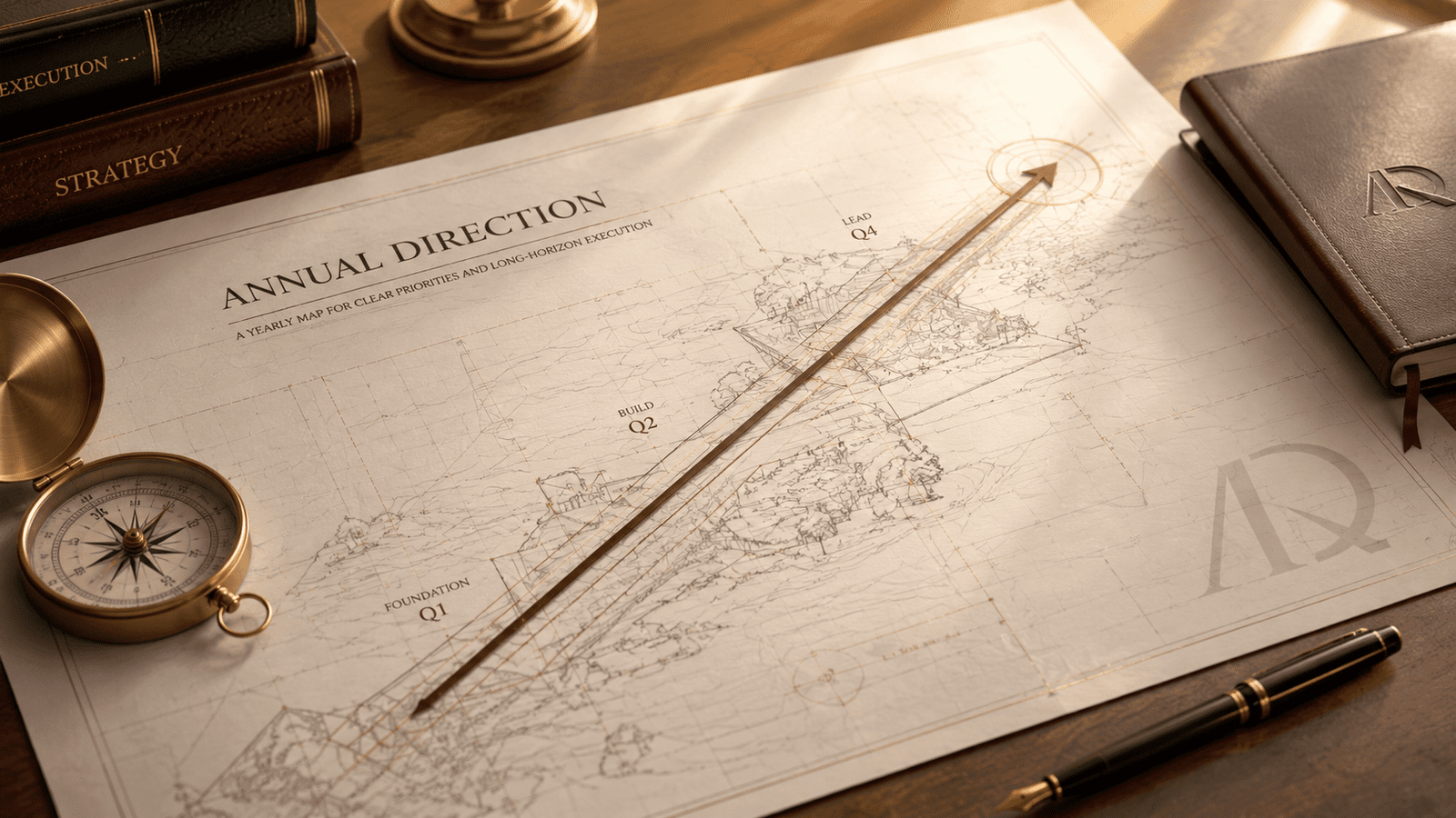 A yearly map or architectural blueprint spread across a desk, with one highlighted annual direction and a compass beside it.