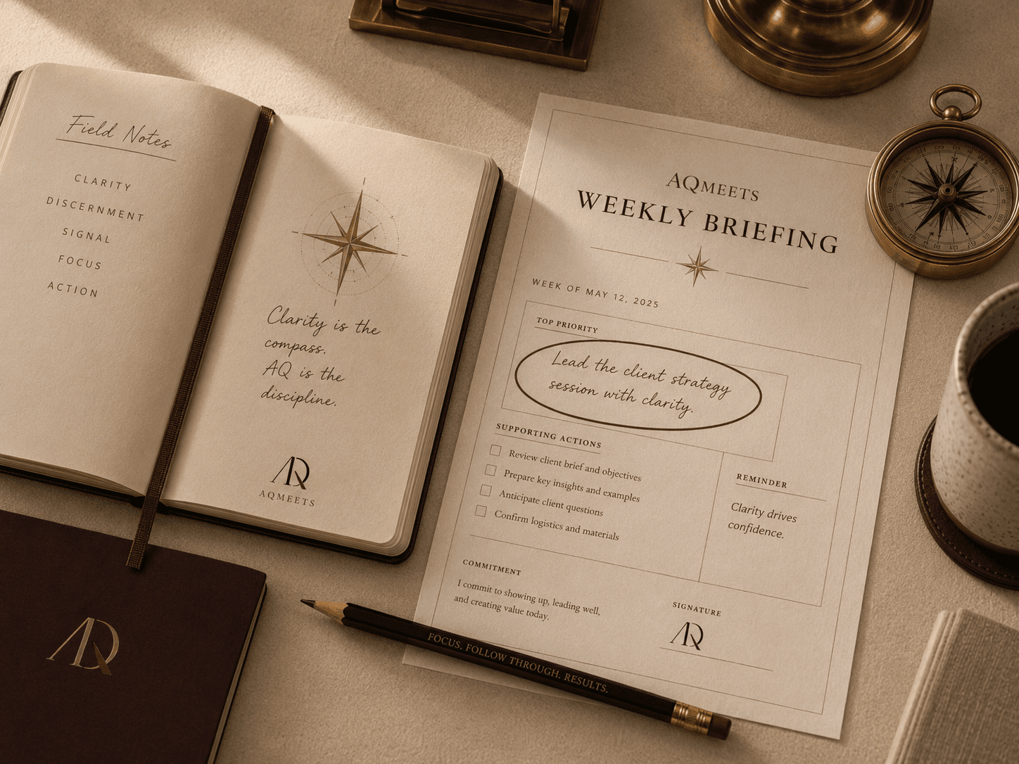 Premium AQMeets weekly briefing field notes desk scene