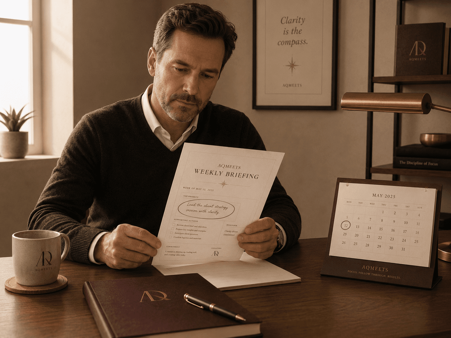 Serious founder reviewing an AQMeets weekly briefing with notebook and calendar