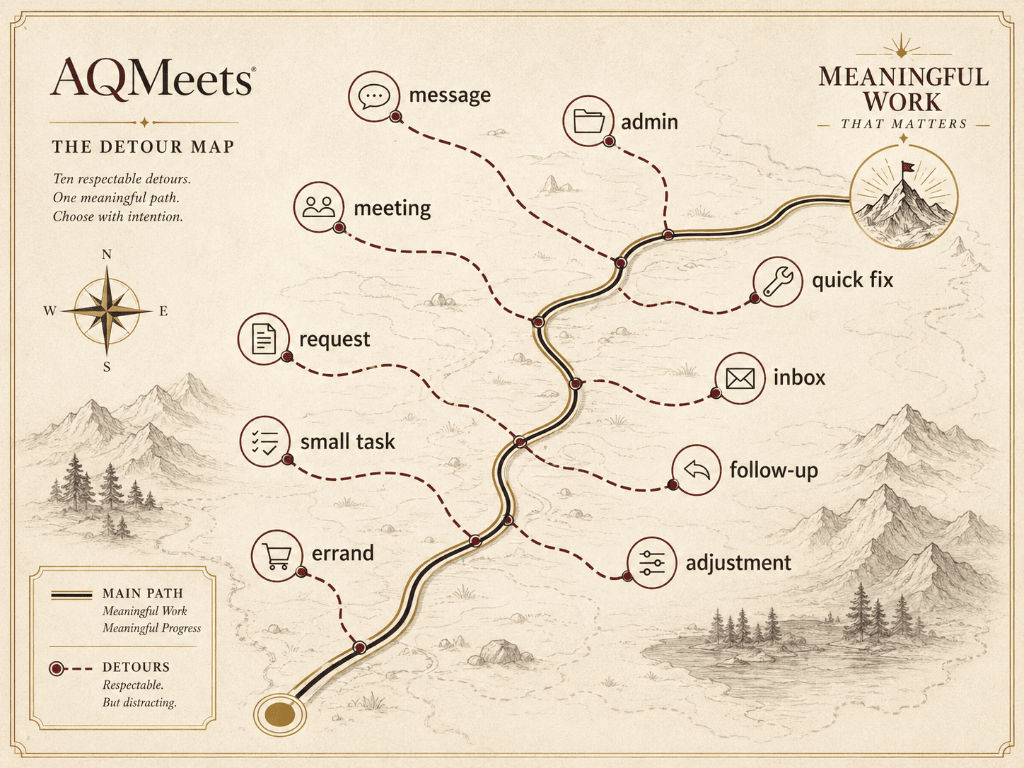 AQMeets detour map showing respectable drift away from meaningful work