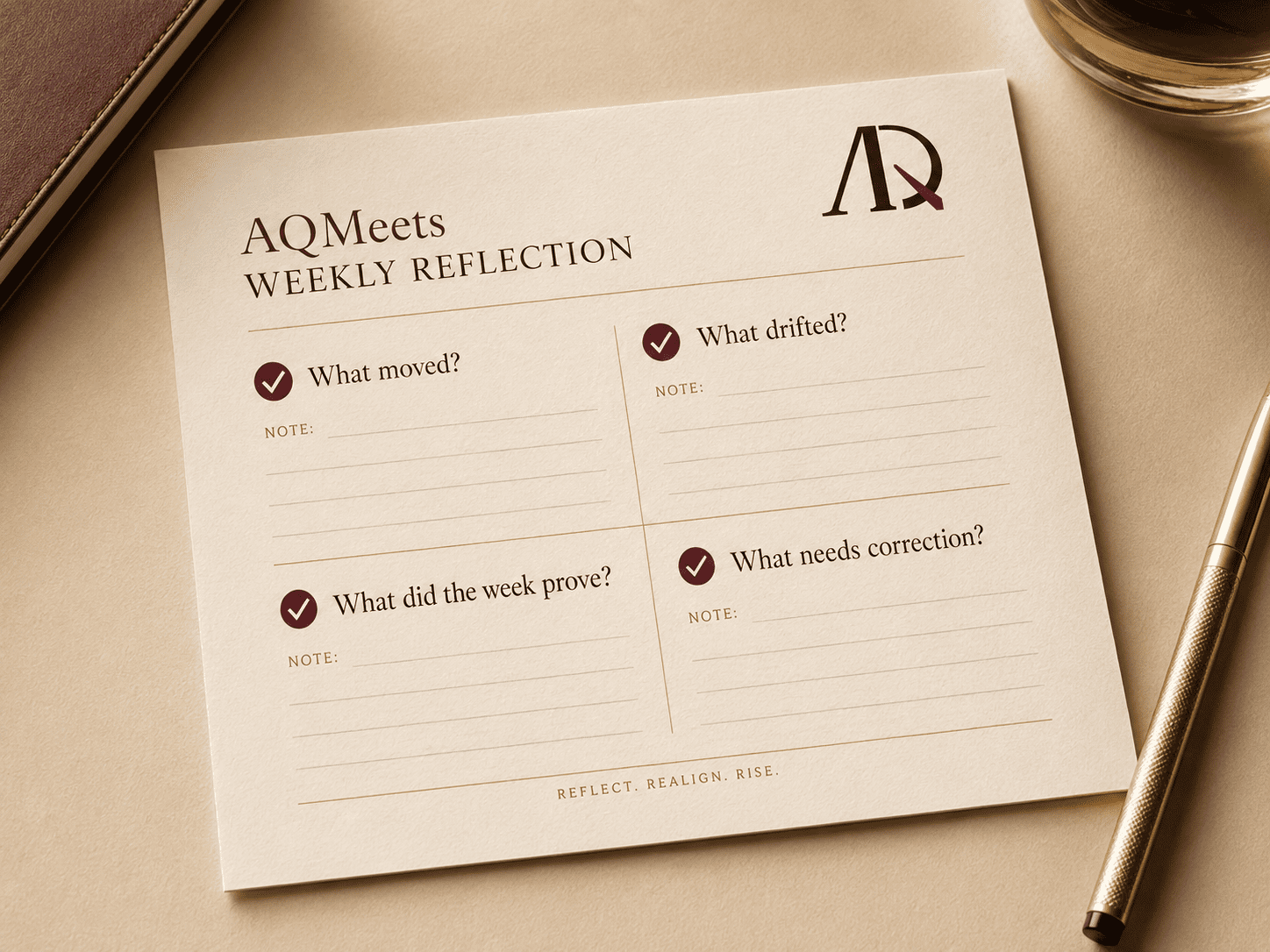 AQMeets weekly reflection card with four review prompts