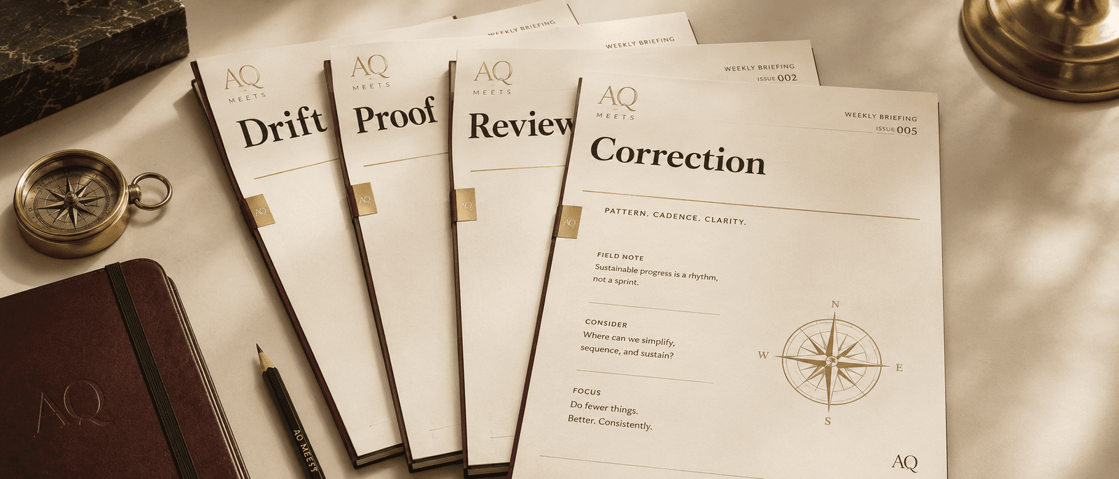 Stack of AQMeets weekly briefing pages titled Drift Proof Review Correction Rhythm
