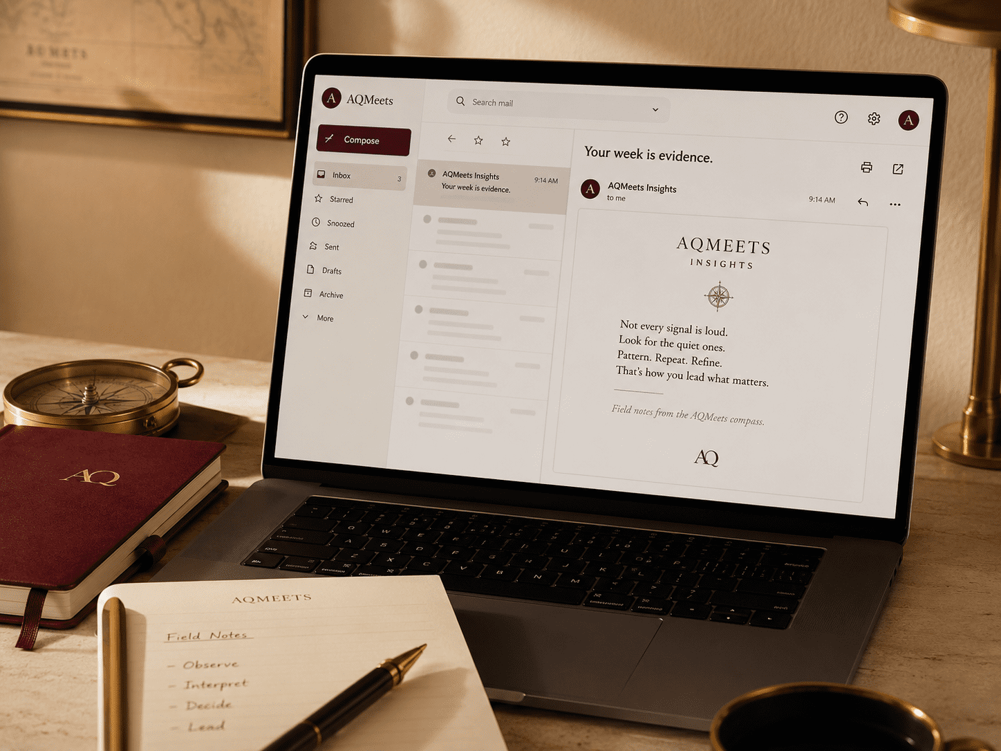 AQMeets Insights email inbox mockup with Your week is evidence open