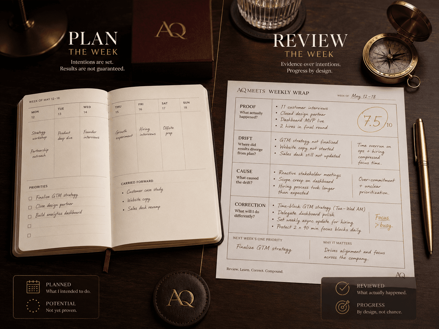 Premium warm-cream image. A beautiful paper planner sits open with a clean weekly spread and several unfinished priorities. Beside it is an AQMeets Weekly Wrap sheet with...
