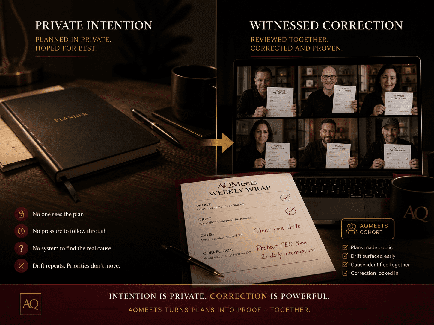 Contrast image. Left side: closed planner on a desk, private and quiet. Right side: live online AQMeets cohort with Weekly Wrap sheets open. Use dark burgundy and gold accents...