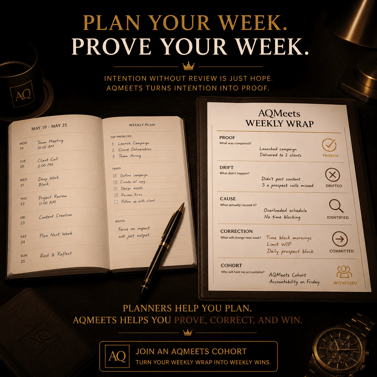Dark premium final CTA image. A clean planner page beside a completed AQMeets Weekly Wrap with Proof, Drift, Cause, and Correction marked.