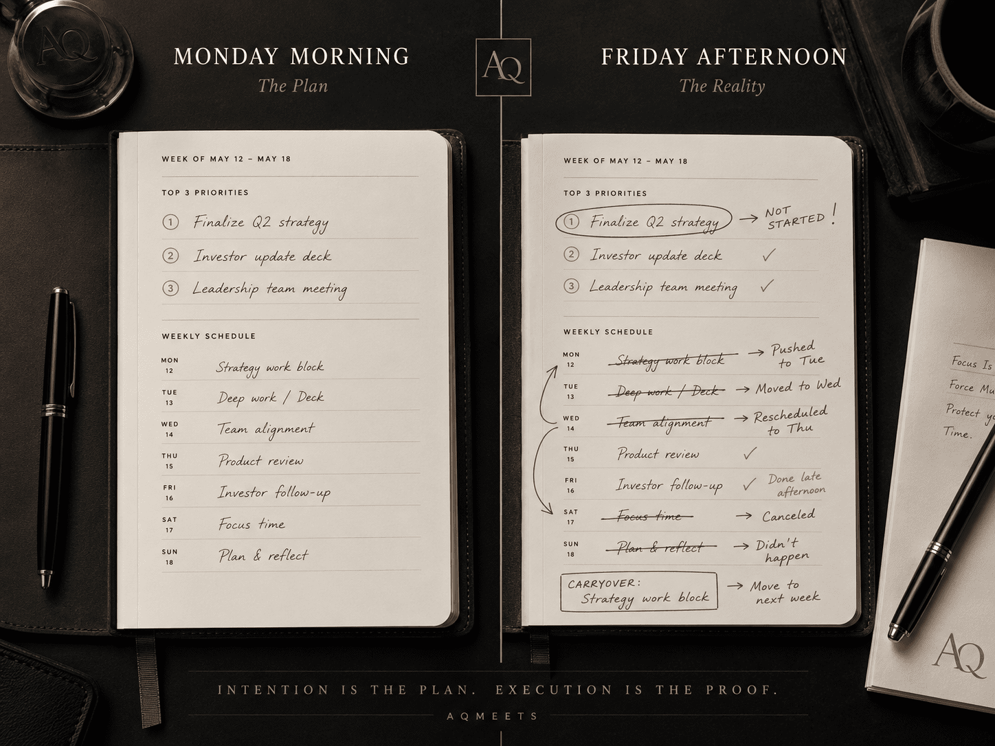 Split visual. Left side: Monday morning planner page, clean and hopeful, with three priorities. Right side: Friday afternoon page with arrows, carryover tasks, crossed-out...