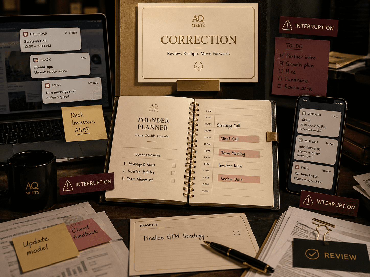 A planner sitting in the middle of a pressured work environment: laptop notifications, client message, phone, calendar alerts, sticky notes, and unfinished priority card. Above...